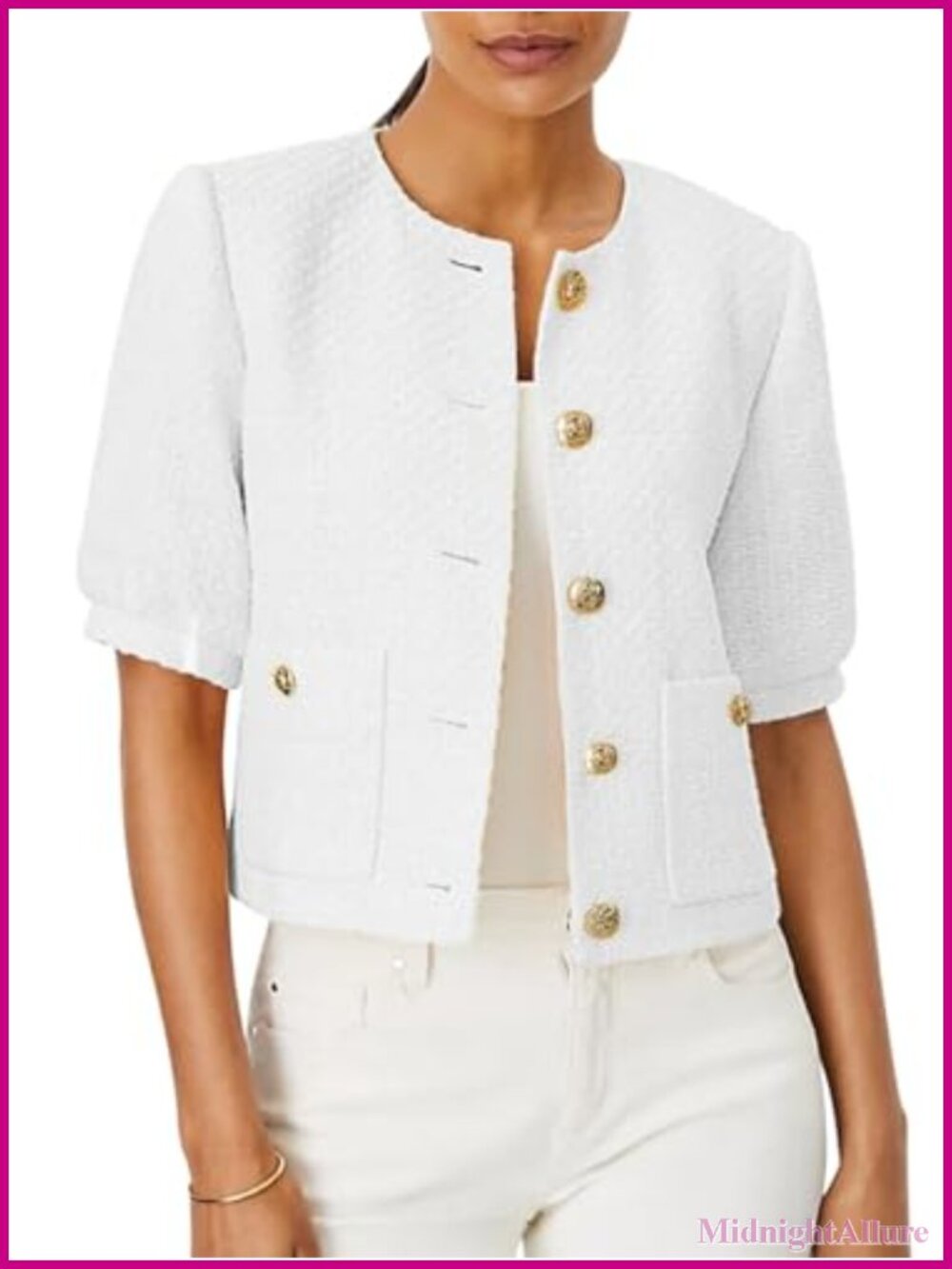 Puff Short Sleeve Tweed Jacket Cropped Blazer Summer Open Front Office Work Coat